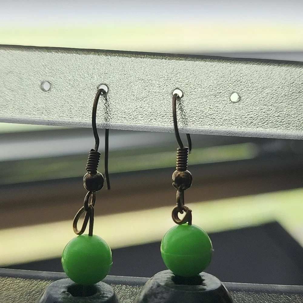 Handmade  Black and Green Beaded Earrings - Picture 3 of 5